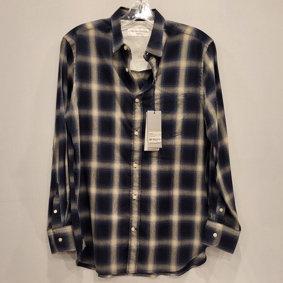 Officine Generale Button Down Long Sleeve Check Shirt Navy Blue Size Small - Picture 5 of 8